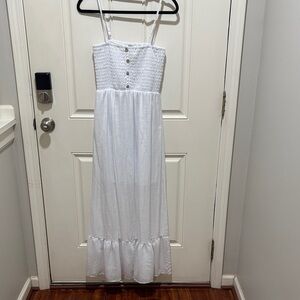 AUW White Smocked Maxi Dress with Coconut Button
